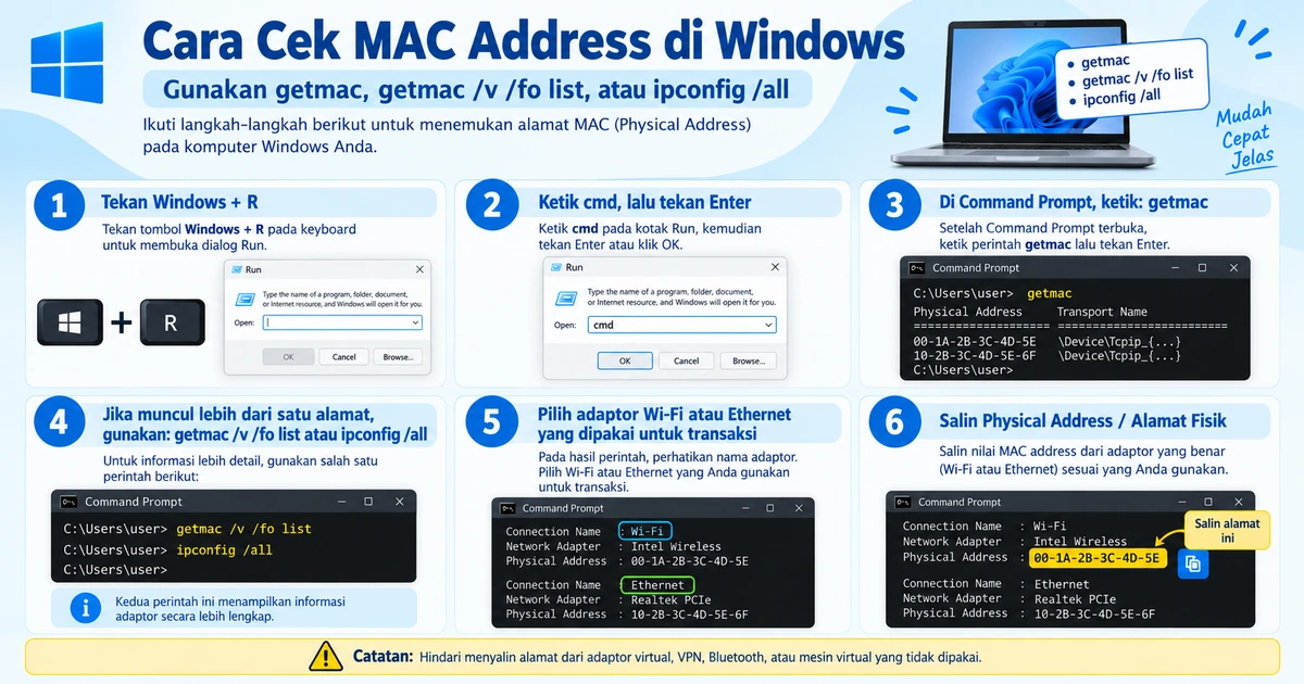 Cara cek MAC address di Windows dengan getmac, getmac /v /fo list, dan ipconfig /all