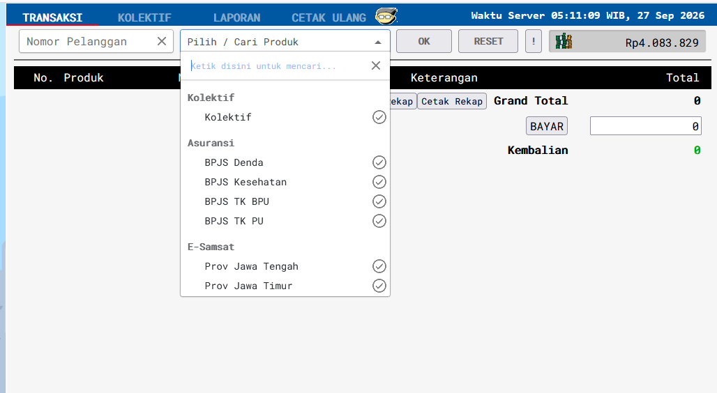 Tampilan Baru menyediakan kolom Pilih atau Cari Produk untuk mencari biller