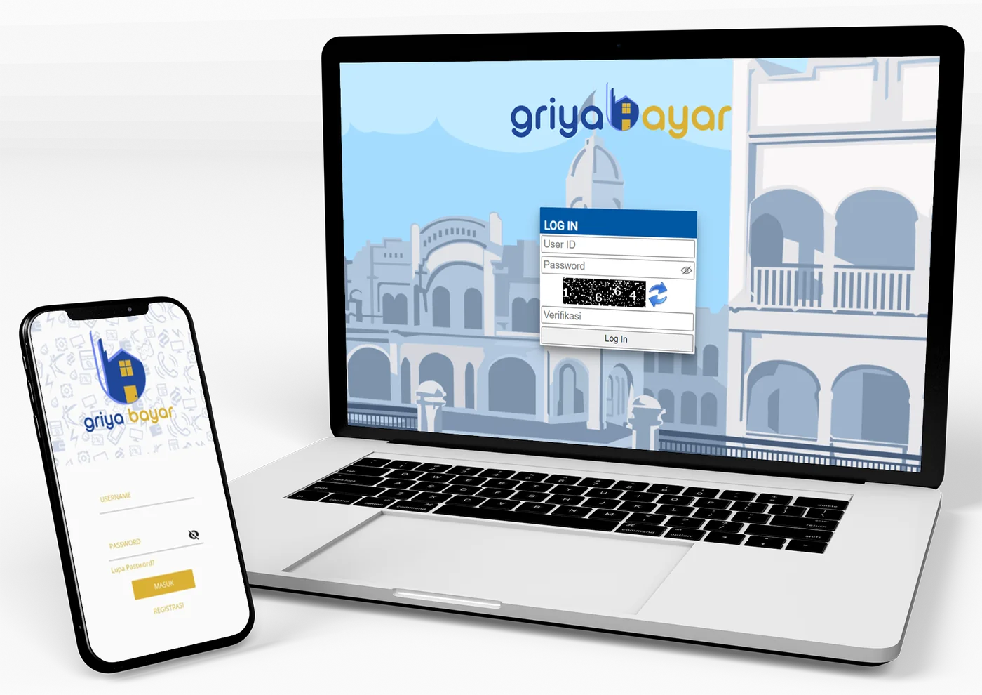 Tampilan login Griya Bayar pada laptop dan HP Android