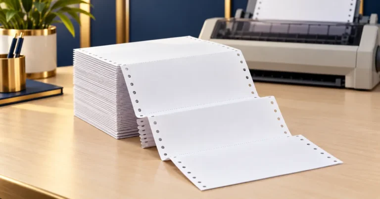 Ilustrasi kertas struk continuous form di dekat printer dot matrix