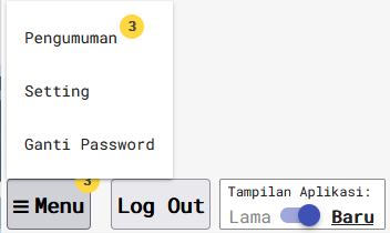 Pada Tampilan Baru Griya Bayar, tombol Menu di kiri bawah membuka pilihan Pengumuman, Setting, dan Ganti Password