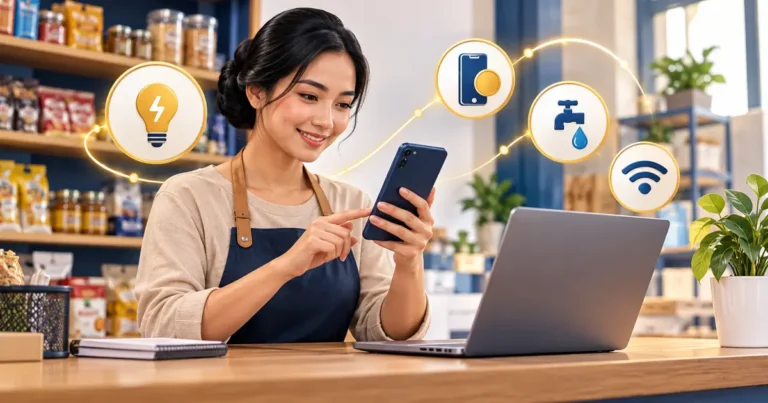 Ilustrasi pemilik usaha mendaftar agen Griya Bayar menggunakan ponsel dan laptop