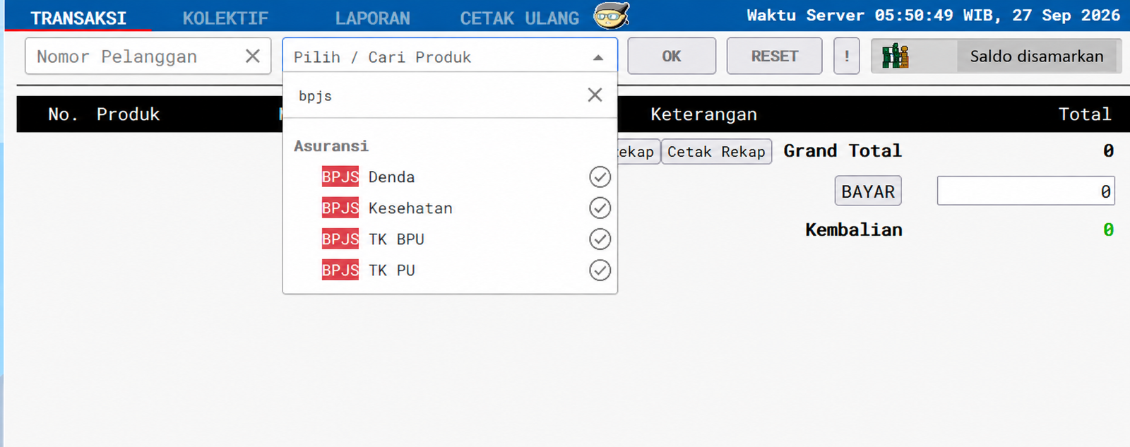 Pencarian bpjs menampilkan BPJS Denda, BPJS Kesehatan, BPJS TK BPU, dan BPJS TK PU pada Tampilan Baru Griya Bayar; saldo disamarkan