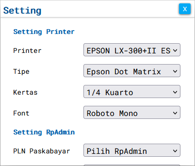 Menu Setting Printer Griya Bayar dengan pilihan EPSON LX-300+II ES, Epson Dot Matrix, kertas 1/4 Kuarto, dan font Roboto Mono