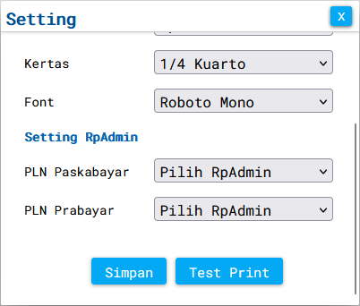 Bagian bawah menu Setting Griya Bayar menampilkan tombol Simpan dan Test Print