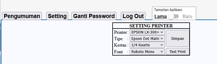 Tampilan Lama aplikasi Griya Bayar memperlihatkan tab Setting dan panel Setting Printer dengan Printer, Tipe, Kertas, Font, Simpan, dan Test Print